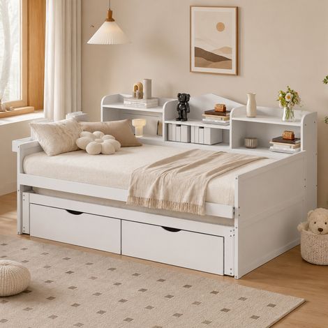 DESMIU Lit banquette 90 × 200 cm 1 place avec tiroirs, coffre, panier et port USB, sans matelas, bois, blanc (1/5)