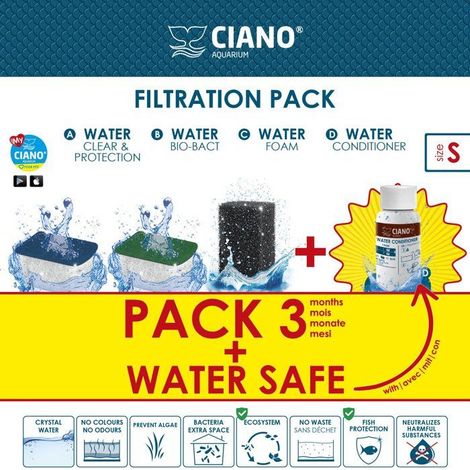 Pack entretien filtration CIANO Taille S pour filtres CF20/40, 3 mois (Water Clear, Bio-Bact, Foam) + conditionneur d’eau 15 ml