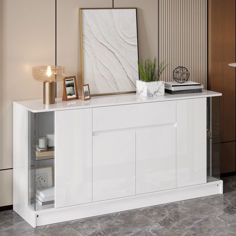 MEUBLIV Sideboard 150 × 40 × 75 cm, Weiß, mit LED-Vitrinen und Stauraum (1/5)