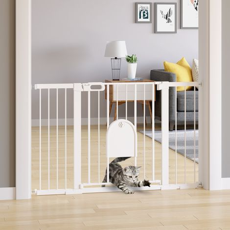 Barrière de sécurité à pression 75 à 131 cm, hauteur 76 cm, avec portillon pour animaux, double verrouillage et fermeture automatique, blanche - CHICFURN (1/5)