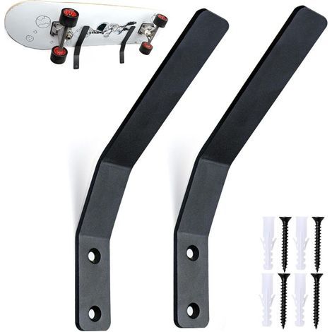 Lntyq Support Skateboard Mural, Supports Muraux pour Skateboards en Métal, Support de Rangement pour Planche à roulettes, Longboards, Snowboard, Porte Ski Mural (2 Pièces, Noir) (1/5)