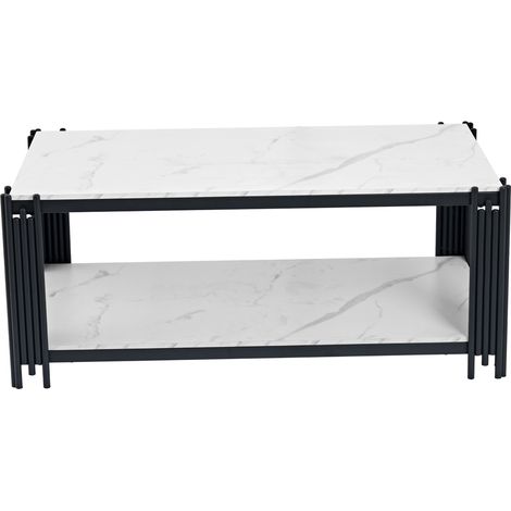 Rechteckiger Couchtisch mit Ablage, weiß-schwarzer Marmoroptik, Metallbeine (1/5)