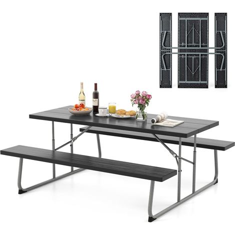 COSTWAY Ensemble Table et Bancs de Pique-Nique Pliable, Ensemble de Jardin avec Cadre Métallique Plateau en HDPE Tout Temps Trou pour Parasol Banc Charge 250KG, 183 x 163 x 74 cm (Noir) (1/5)