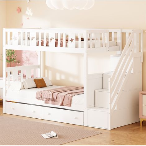 Kinder-Etagenbett 90 x 200 cm, Aufbewahrungstreppe, 2 Schubladen, weiß HAVRYA (1/5)