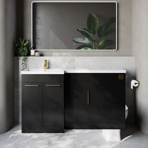 Napoli 390 Matt Black 1500mm 3 Door Vanity Unit Toilet Suite with Left Hand Square Lucia Basin - 1500mm - Brushed Brass 160mm HandleWithout Kingston Toilet Pan