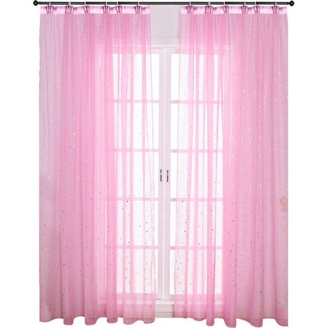 Petit rideau en tulle transparent à motif d'étoiles argentées, style champêtre frais, idéal pour une chambre, un salon ou une terrasse. Lot de 2 (largeur 100 x hauteur 270 cm) - crochet rose. (1/5)