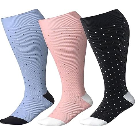 3 paia di calze a compressione in taglie grandi per uomo e donna, polpaccio largo, calze extra large al ginocchio, calze a compressione per corsa e sport Multicolore (1/5)