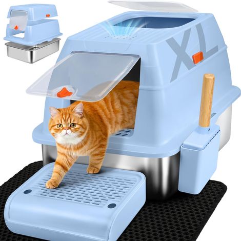 Bac Litiere pour Chat XL, Litière en Acier Inoxydable avec Couvercle, Bac Litiere pour Chat, Cat Litter Box, Pelle+Tapis+Marchepied- 60x40x39,5 cm (Bleu) (1/5)
