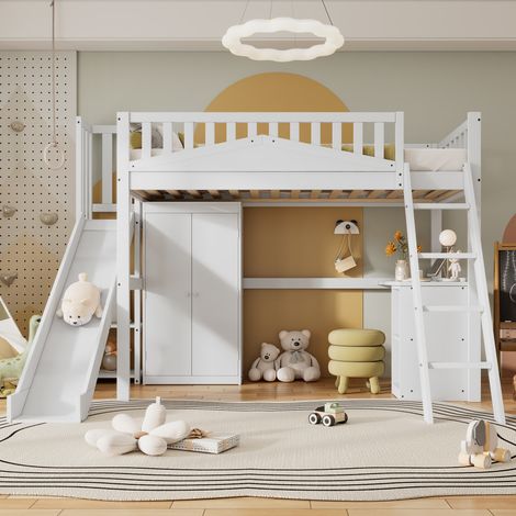 Lit mezzanine enfant 90x200 cm avec toboggan, bureau et armoire intégrée en pin et MDF, lit combiné surélevé blanc (1/5)