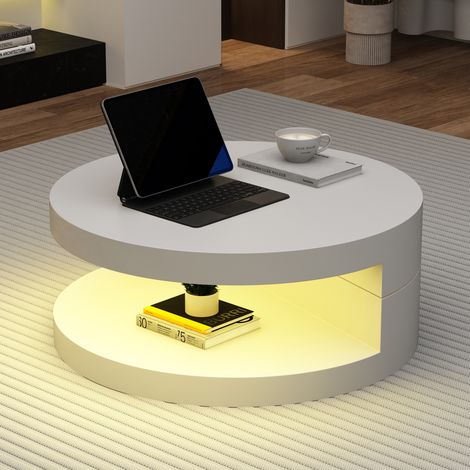 Table basse cylindrique rotative 70x70x35.5 cm - Plateau pivotant à 360° - Avec LED - Structure double couche - Blanc (1/5)