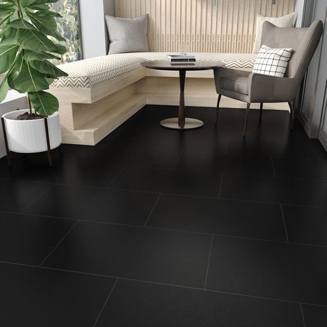 Dalle PVC Adhesive Lino Vinyle Sol Noir Carrelage Adhesif Sol Mat pour Salle De Bain Carrelage Adhesif Mural Cuisine Revetement De Adhesif Noir 4 Pièces 60 x 30cm (1/5)