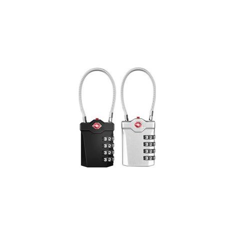 Cadenas valise, TSA cadenas à combinaison 4 chiffres avec alarme d'ouverture, serrures à bagages de voyage with Câble flexible (2 Pièces, Noir et Argent)