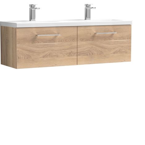 Balterley Bramshall 1200mm Wall Hung 2 Drawer Double Basin Vanity Unit for Modern Bathroom Storage - Bleached Oak (1/4)
