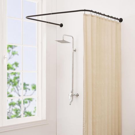 Porte-Rideau de Douche en U Réglable [Côtés : 60-132 cm, Milieu : 76-117 cm] - Barre de Douche Extérieure Anti-Affaissement avec 12 Crochets et Support Plafond (1/5)