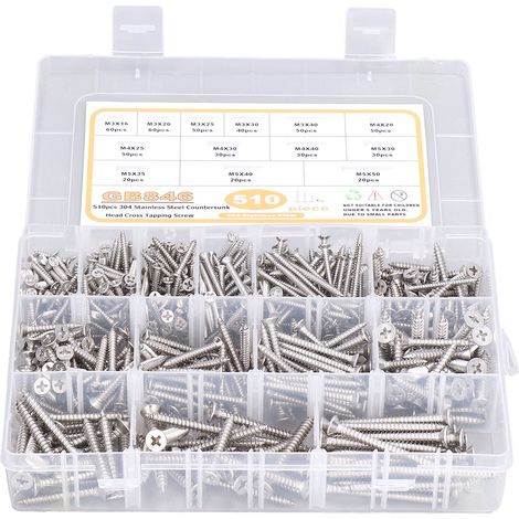 510 vis à tête fraisée en acier inoxydable 304, kit d'assemblage de vis autotaraudeuses M3 M4 M5, 510 pièces (1/5)