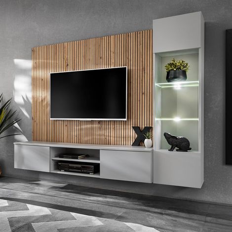 Ensemble Meuble TV Rayure "Xari" 200cm Naturel & Gris Perle