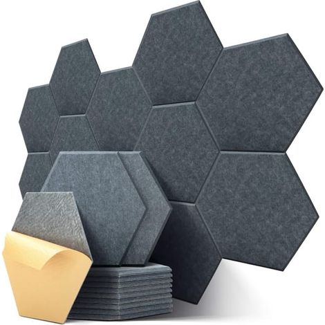 Panneaux acoustiques hexagonaux gris foncé auto-adhésifs, lot de 12, en mousse haute densité pour la décoration des murs, portes et plafonds. (1/5)