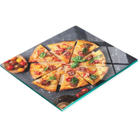 Tagliere da cucina decorativo in vetro con motivo pizza e pomodori, 60x52 cm (1/5)