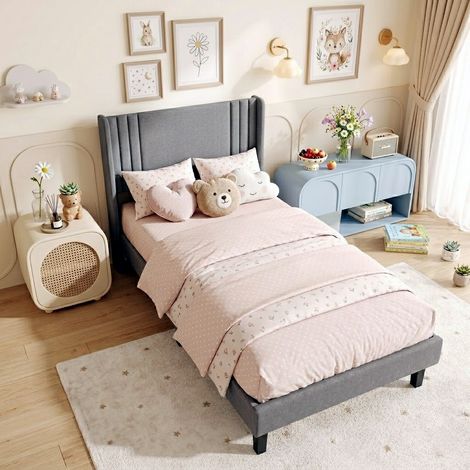 Einzelbett 90x200 cm mit Lattenrost, Polsterbett aus Leinenstoff, komfortables Kopfteil für Schlafzimmer oder Gästezimmer, 1-Personen-Bett - Grau
