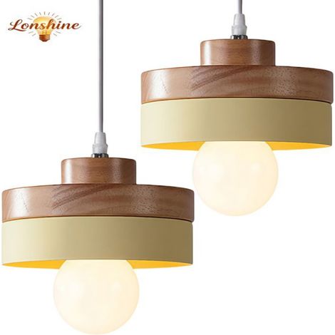 LONSHINE 2er-Set Moderne runde Pendelleuchte mit gelbem Holz- und Metallschirm, E27-Fassung, für Wohnzimmer und Schlafzimmer (1/5)