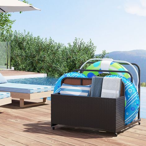 Organisateur de Rangement au Bord de la Piscine en Rotin PE Chariot Roulant d'Extérieur avec Roues 2 Barres et 1 Panier Marron (1/2)