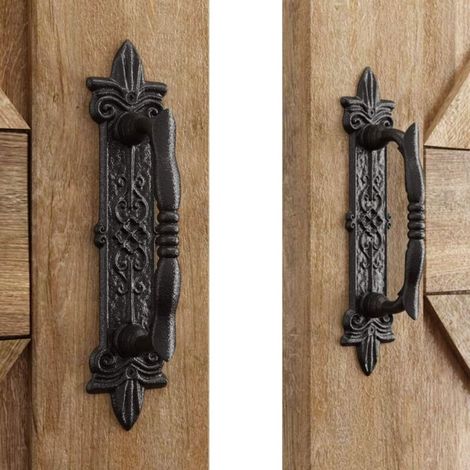 Poignées de porte de antiques robustes (lot de 2), grande poignée de porte rustique sculptée, pour portails, garages et abris de jardin, Noir (1/4)