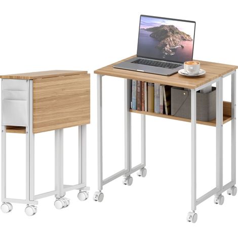 Scrivania pieghevole con ruote 63 cm in legno naturale con ripiano e tasca laterale (1/5)