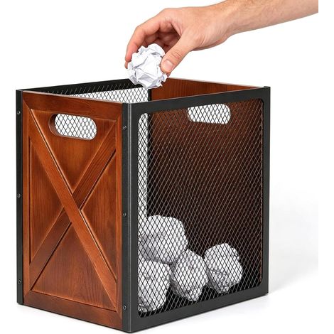 Corbeille à papier carrée en bois, 18 l, design industriel, boîte de rangement avec poignée, pour bureau, salle de bain, salon et chambre à coucher (1/5)