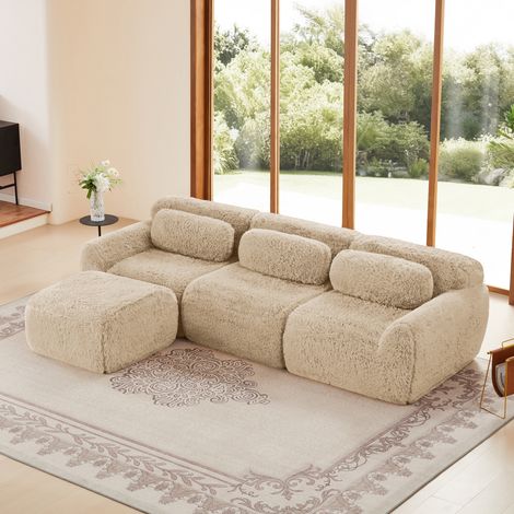Canapé d’Angle 291x179x73 cm en Tissu peluche – Sofa Modulable avec Accoudoirs Courbés, Coussins en Mousse Haute Résilience, Idéal Salon ou Chambre - Beige (1/5)