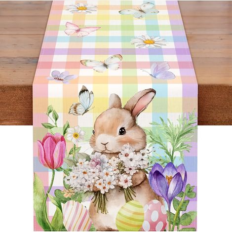 1 chemin de table de Pâques en lin, orné de lapins, de papillons et de fleurs — Dimensions : 13 x 48 pouces (1/5)