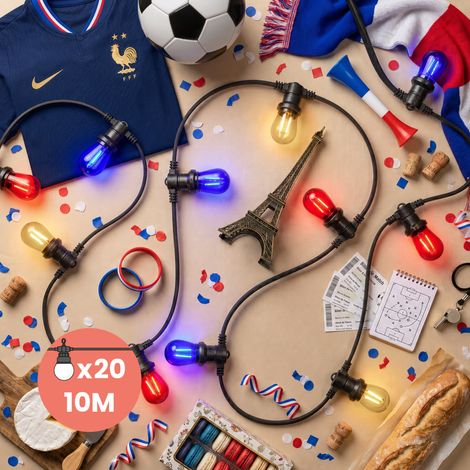 Guirlande Guinguette 10M 20 Bulbes Filament France - Guirlande Lumineuse Ampoule E27 Bleu Blanc Rouge - Édition Coupe du Monde - Guirlande Guinguette Led Filament rétro (1/5)