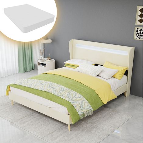Lit rembourré moderne beige 140x200 cm avec tête de lit LED, base basse en métal et tissu, OKWISH (1/5)