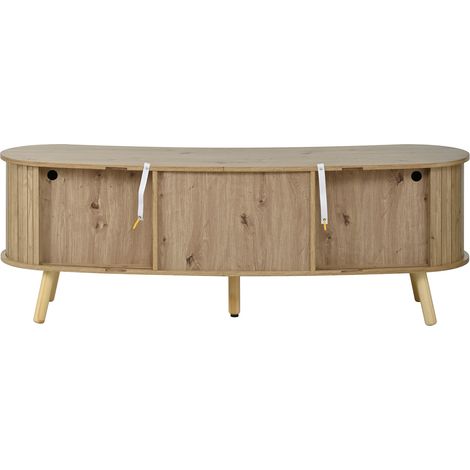 Meuble TV en forme de pois avec effet rainuré vertical, 2 portes coulissantes + 2 tiroirs, pieds en bois massif, aspect bois, matériau MDF, style scandinave moderne (1/5)