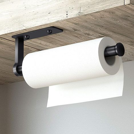 Porte-rouleau de cuisine mural et adhésif sous meuble, distributeur de papier essuie-tout, support facile à installer pour film étirable, garage salle de bain, noir (1/5)