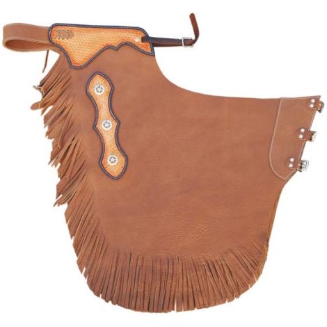 XL, Marron: Western Chaps en cuir lisse avec franges et applications cuir