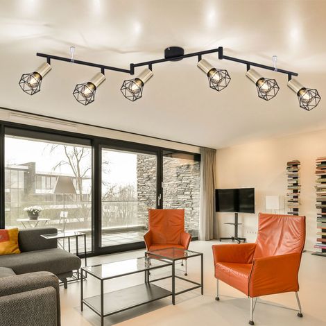 Deckenleuchte Wohnzimmerlampe Spotleuchte Esszimmerlampe, Metall schwarz altmessing, Spots beweglich 6 Flammig, E14, L 160 cm