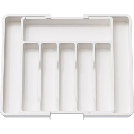 Range Couverts-Blanc, Plateau d'Ustensiles Extensible pour Tiroir, Organisateur de Tiroir Réglable pour la Cuisine, Rangement Compact en Plastique pour contenir des Cuillères, Fourchettes (1/5)