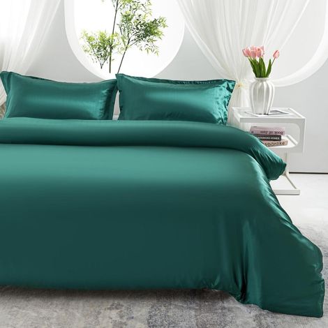 Bettwäsche-Set Satin 200x200cm Dunkelgrün Kühlend mit Reißverschluss & 2 Kissenbezügen 80x80cm