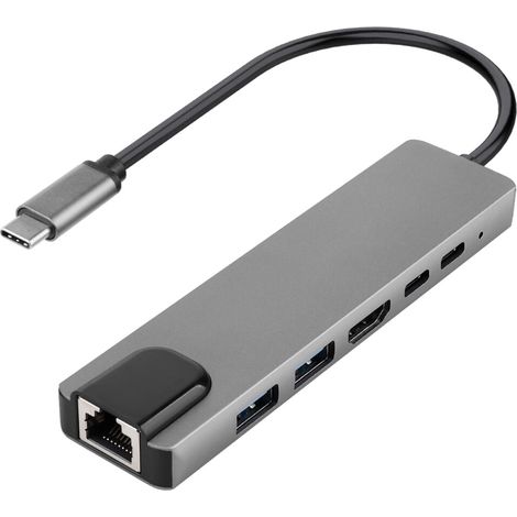 Dieser 6-in-1 USB-C Hub-Adapter bietet eine komfortable Lösung für die Datenübertragung und unterstützt 4K HD-Ausgabe, einen RJ45 Ethernet-Anschluss sowie PD-Schnellladung für verbesserte Konnektivitä (1/4)