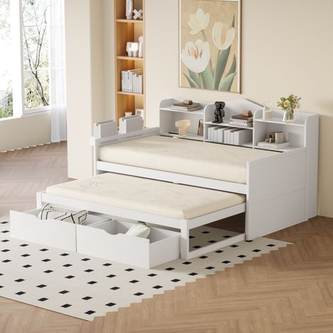 Letto banquette 90 x 200 cm con letto estraibile 90 x 190 cm, cassetti e vano, bianco HAVRYA (1/5)