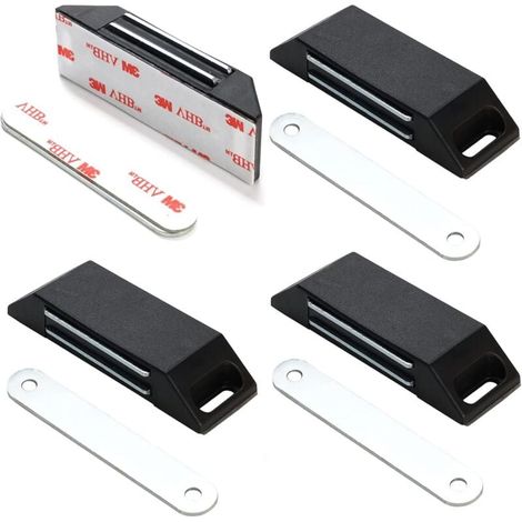 Set of 4 Self-Adhesive Magnetic Catches - No Drilling Required - Door Magnets for Furniture, Magnetic Closure - Black (1/5)