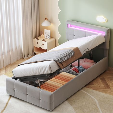 Letto contenitore bambini 90x200 cm con LED, testiera regolabile in altezza e rete a doghe, in velluto grigio, materasso non incluso (1/5)