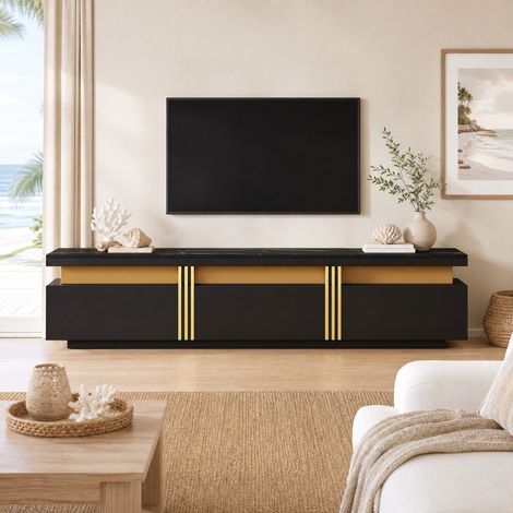 MEUBLIV TV-Möbel 200x40x42 cm Schwarz – 3 Schubladen, Kabelmanagement, bis 90 Zoll (1/5)