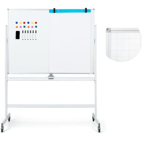 COSTWAY Doppelseitiges mobiles Whiteboard, 120 x 90 cm, Trocken abwischbares magnetisches Whiteboard mit Gittermuster, Rollen, Ständer und Stiftablage, inkl. Zubehör für Büro, Zuhause (Weiß) (1/5)