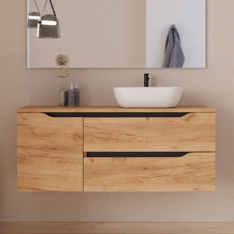 Meuble de salle de bain 120cm avec plateau et vasque à poser déportée à droite Zeus - sans miroir - 2 tiroirs et un placard - roble (chêne clair) - ZARZA (1/5)