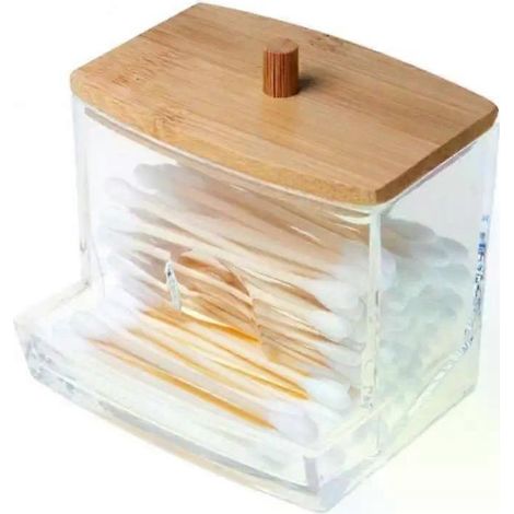 Online Store - Boîte de rangement en acrylique pour salle de bain, pot de maquillage, organisateur de maquillage, porte-disques de coton, boîte à cotons-tiges avec couvercle en bambou. (1/5)