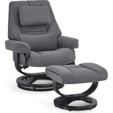 M MCombo Relaxsessel mit Liegefunktion, Lesesessel, 360° Drehbarer Fernsehsessel mit Hocker, mit Verstellbares Kopfkissen, Lendenkissen & Seitentasche,  9046 (Grau)