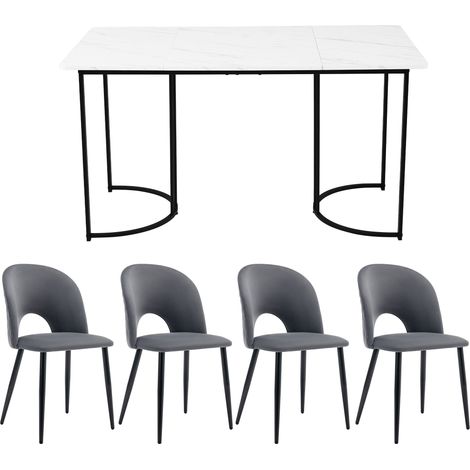 Conjunto de comedor 5 piezas 140 x 80 cm mesa de MDF efecto mármol con 4 sillas de terciopelo gris (1/5)