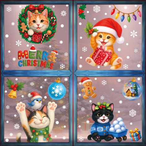 Décorations de Noël avec flocons de neige de dessin animé, chats mignons et adhésifs statiques décoratifs pour chambres, chambres d'enfants, vitrines, portes vitrées et fenêtres - [Quatre combinaisons