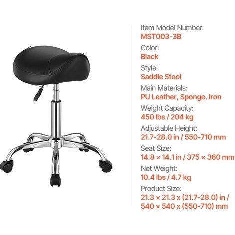 Tabouret de selle avec roulettes, design ergonomique, capacité de 450 lbs, Noir (1/2)